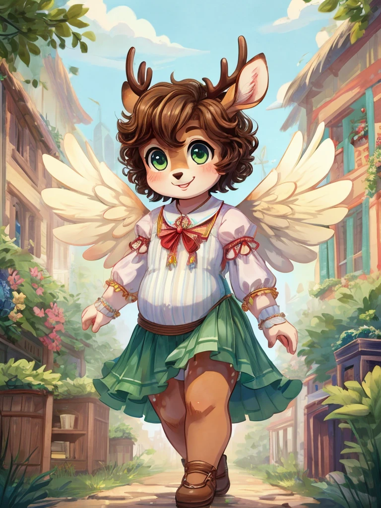 Cute, deer boy, small deer antlers, innocent, chubby, fat, big thighs, androgynous, femboy, short curly hair, brown hair, fawn spots, freakles, ((cute)), smiling, walking in a big bustling city, wearing cottage core outfit, cottage core gender neutral outfit, cute clothes, modest clothes, adorable, pastel color scheme, light blue green yellow white and brown color scheme, young, cartoony, adorable, deer tail, moss green eyes, angel wings,