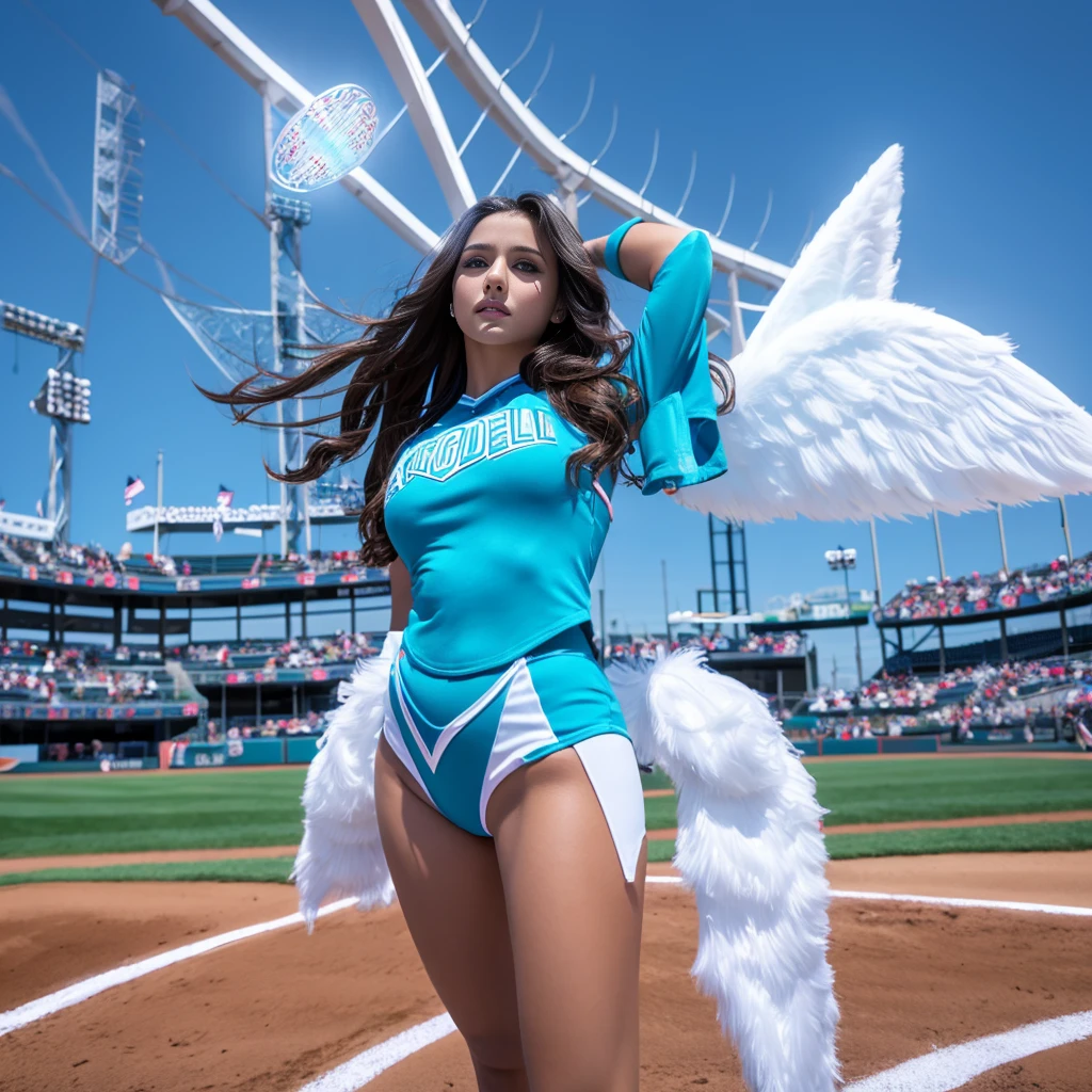 Arabian woman in cheerleader outfit standing in front of baseball field, Large Breasts,Tron Angel, Angel themed, TWICE's Tzuyu, wide angel shot, As seen in ArtGerm, Ilya Kuvshinov and Artgerm, Young One Angel, Beautiful angle, 8k art germany bokeh, Wearing an angel halo, Lovely lady