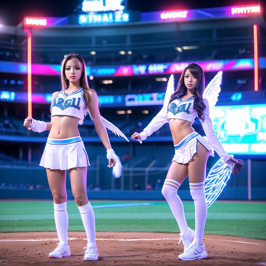 Arabian woman in cheerleader outfit standing in front of baseball field, Tron Angel, Angel themed, TWICE's Tzuyu, wide angel shot, As seen in ArtGerm, Ilya Kuvshinov and Artgerm, Young One Angel, Beautiful angle, 8k art germany bokeh, Wearing an angel halo, Lovely lady