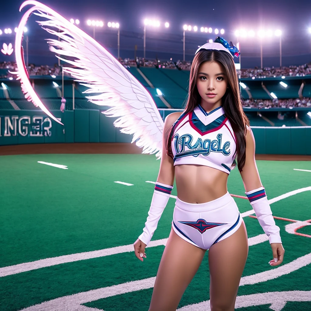 Arabian woman in cheerleader outfit standing in front of baseball field, Tron Angel, Angel themed, TWICE's Tzuyu, wide angel shot, As seen in ArtGerm, Ilya Kuvshinov and Artgerm, Young One Angel, Beautiful angle, 8k art germany bokeh, Wearing an angel halo, Lovely lady