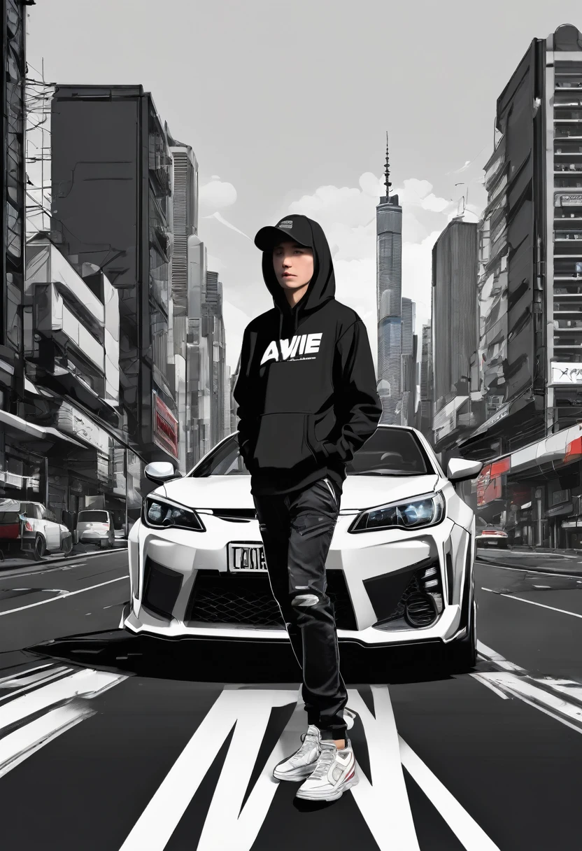 a man hemsem wear black hoodie colour white the pop up the name at t shirt "AWIE" 3D and blackground with car skyline
