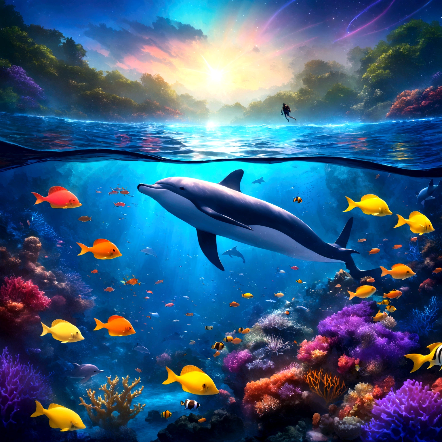 a fantastic and dreamlike underwater scene. Shows a diver exploring a colorful coral reef, surrounded by pulsating colorful tropical fish. the diver is surrounded by small bioluminescent creatures that dance around her, leaving trails of light behind them, and a dolphin jumping out of the water. Above the surface, incorporates a starry night sky, an enlarged human eye catches the eye with its hypnotic iris. A swirl of deep blue and purple evokes a starry sky, surrounding a spiral galaxy. The eye blends into the surrounding space, strewn with stars, nebulae and cosmic dust, whose reflection illuminates the ocean. Uses light and shadow effects to accentuate the depth of the image, with a seamless transition between water and sky. Adds realistic details and textures to corals and fish, while maintaining a magical and surreal atmosphere.