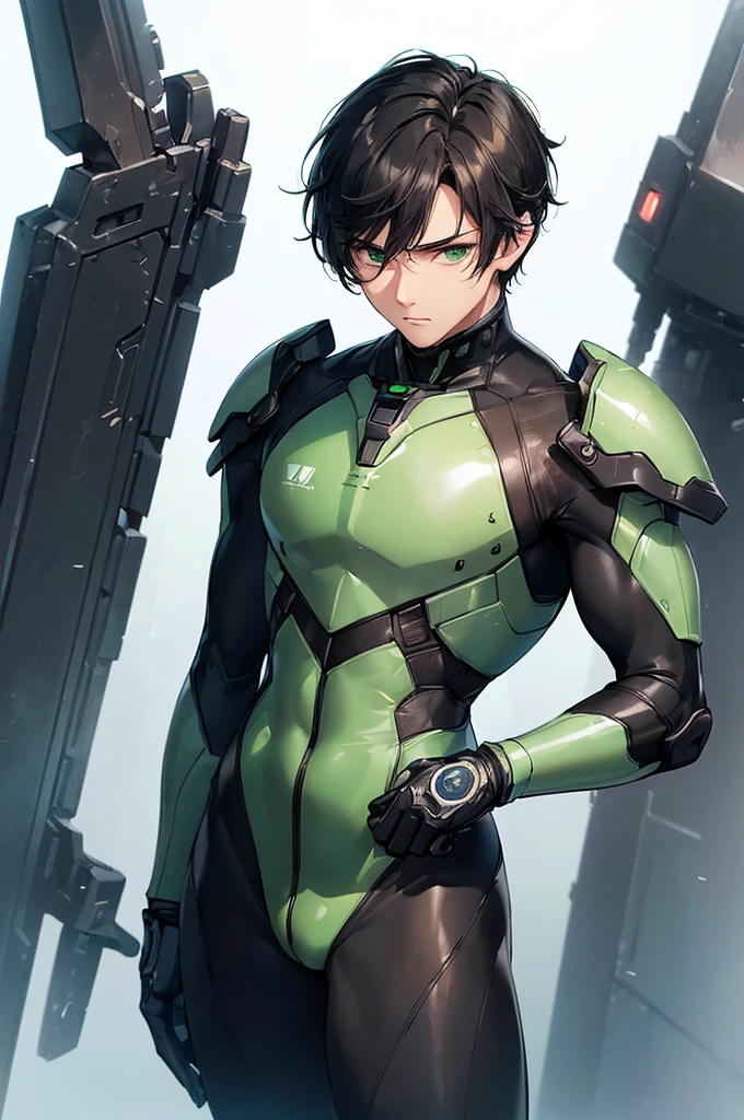 (masterpiece; best quality: 1.2), (finely detailed eyes: 1.3), ((25 year old man)), ((solo)), (green eyes: 1.4), (body; lean, fit, masculine: 1.3), (short black hair: 1.3), (beautiful and clear background: 1.2), ((depth of field)), (equipment: black mech pilot bodysuit + black gloves: 1.3), (anime illustration: 1.2), (background composition; white mech hangar: 1.1), (extremely fine and handsome: 1.1), (shot composition; standing + centered on torso + close-up: 1.5), (expression; calm, stoic: 1.2)