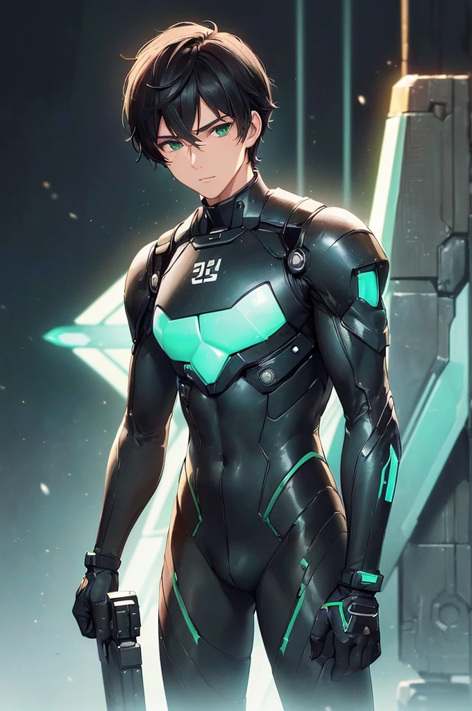 (masterpiece; best quality: 1.2), (finely detailed eyes: 1.3), ((25 year old man)), ((solo)), (green eyes: 1.4), (body; lean, fit, masculine: 1.3), (short black hair: 1.3), (beautiful and clear background: 1.2), ((depth of field)), (equipment: black mech pilot bodysuit + black gloves: 1.3), (anime illustration: 1.2), (background composition; white mech hangar: 1.1), (extremely fine and handsome: 1.1), (shot composition; standing + centered on torso + close-up: 1.5), (expression; calm, stoic: 1.2)