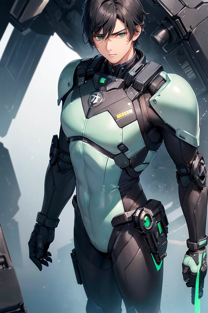 (masterpiece; best quality: 1.2), (finely detailed eyes: 1.3), ((25 year old man)), ((solo)), (green eyes: 1.4), (body; lean, fit, masculine: 1.3), (short black hair: 1.3), (beautiful and clear background: 1.2), ((depth of field)), (equipment: black mech pilot bodysuit + black gloves: 1.3), (anime illustration: 1.2), (background composition; white mech hangar: 1.1), (extremely fine and handsome: 1.1), (shot composition; standing + centered on torso + close-up: 1.5), (expression; calm, stoic: 1.2)