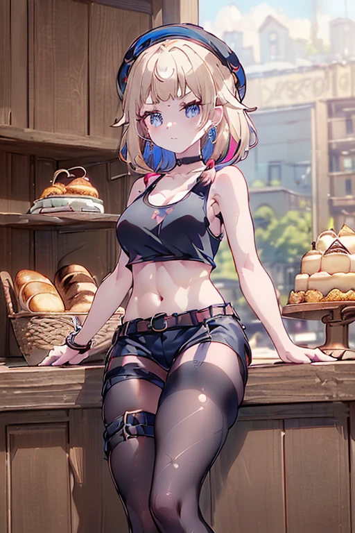 (perky chest:1.2), (pointed chest:1.2),(((Black Tunic:1.3))),(((cakes and bread in the basket),Cute and beautiful girl,masterpiece、highest quality、Very detailed、Beautiful fine details、One Girl、Detailed landscape、Training gym Room Background:1.4、Braided Ponytail、Red camisole、((B cup breasts, Tank top showing underboob:1.3)), black jacket, thigh strap, bangs, necktie, earrings, nail polish, fishnet pantyhose, multicolored hair, looking at viewer, full body, bottle, own hands together, belt, food, animal on head, black necktie, ring, choker, english text paper:1.2, collared shirt, blue eyes, platform boots, hat,lace-up boots ,
