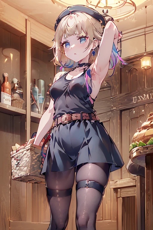 (perky chest:1.2), (pointed chest:1.2),(((Black Tunic:1.3))),(((cakes and bread in the basket),Cute and beautiful girl,masterpiece、highest quality、Very detailed、Beautiful fine details、One Girl、Detailed landscape、Training gym Room Background:1.4、Braided Ponytail、Red camisole、((B cup breasts, Tank top showing underboob:1.3)), black jacket, thigh strap, bangs, necktie, earrings, nail polish, fishnet pantyhose, multicolored hair, looking at viewer, full body, bottle, own hands together, belt, food, animal on head, black necktie, ring, choker, english text paper:1.2, collared shirt, blue eyes, platform boots, hat,lace-up boots ,