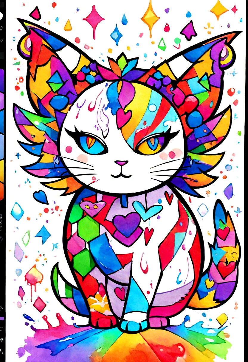 graphics, diverse and playful geometric figures, Rainbow, Romero Britto, a hairy and charming kitten, gata head, very detailed mane ((White background)), piercing eyes, colorful and cheerful kitten animal, Art Watercolor Painting Oil Paint, abstrato, Epic Instagram, art-station, colorful ink splash style splash+, Contour, hyper-detailed intricately detailed, awesome, details Intricate, splashscreen, colors complementary, conceito realista abstrato Romero Britto de arte, 8K, deviantart masterpiece, oil-painting, heavy brush strokes, paint drips, splash arts.