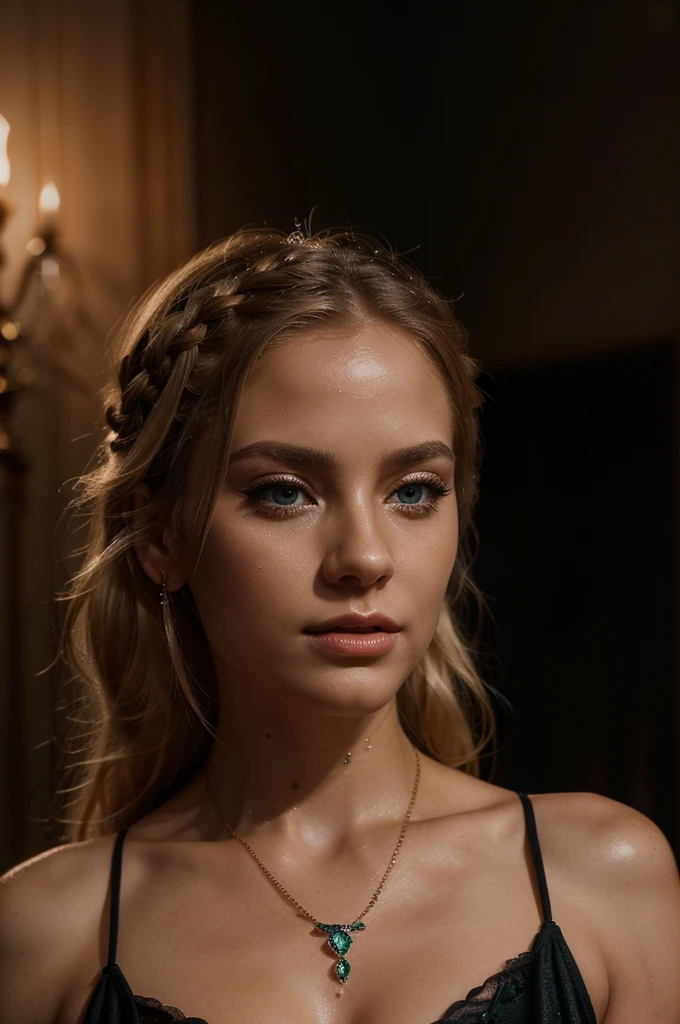 award winning glamour photograph,((best quality)), ((masterpiece)), ((realistic)), piercing eyes, looking straight, very happy, blonde hair, quad braids, afternoon light, slim waist,
