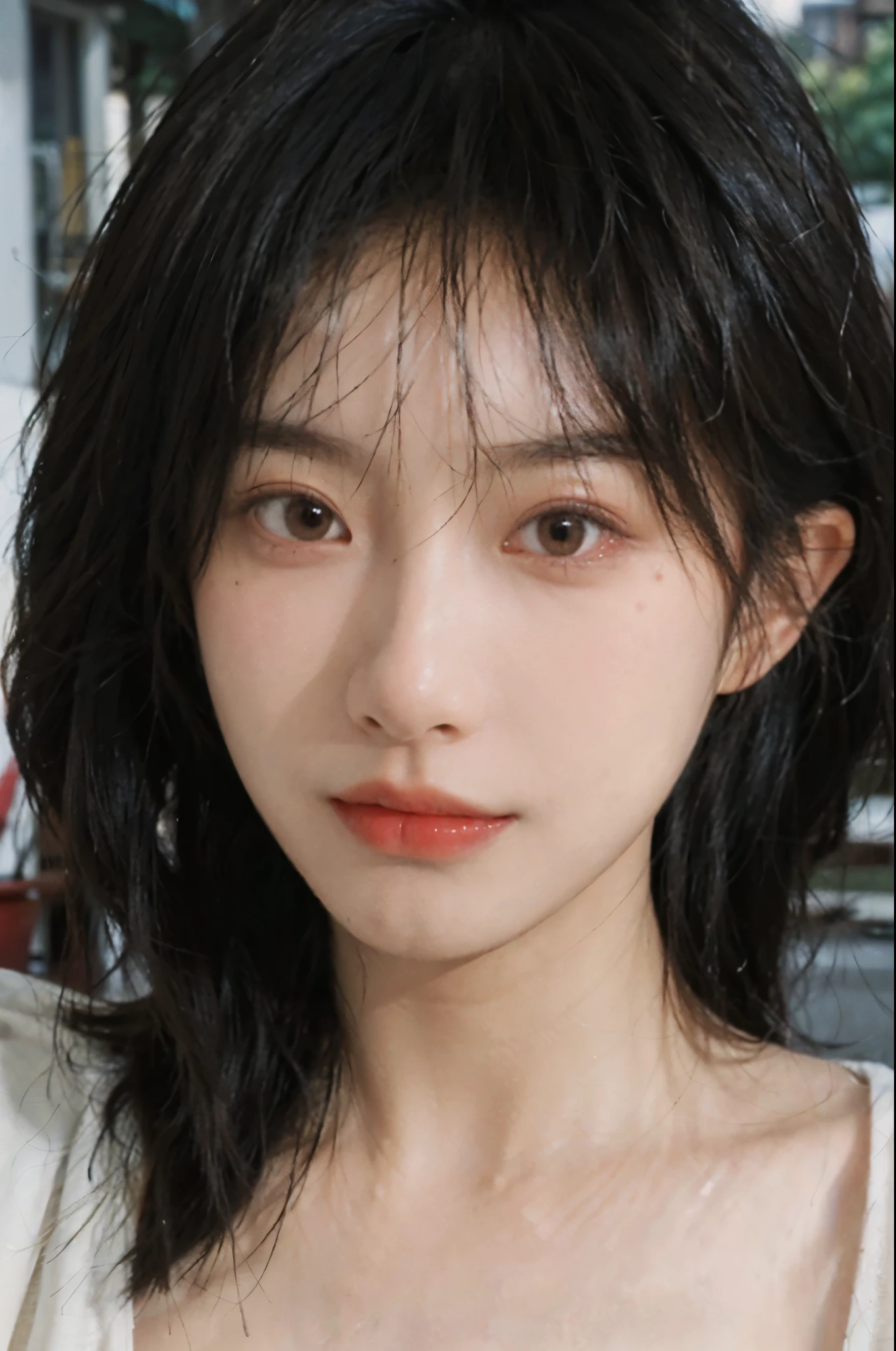 (Skin details:1.4), (smooth skin textures:1.3), Lipstick, background, earrings, Serene, calm, (Realistic and detailed eyes:1.2), (Large Breasts:1.3),Natural skin texture, Realistic facial details, Soft dramatic lighting, Vivid details, 35 mm film, outdoor, (Photo Practical:1.4), (hyper Practical:1.4), (Practical:1.3), (Smoother lighting:1.05), (Improve lighting quality:0.9), (Highest quality real skin textures:1.4), Exquisite eyes, Delicate face, Close-up of face, (Enhance the beauty of skin texture:1.1), Hair details, Model,normal body ratio, short hair, Moles under the eyes, Park background,Portrait Photography, Depth of Field, bokeh, Surrealism, Ray Tracing, (Portrait Photography:1.1), Surrealism, High Detail, clair obscur, Ray Tracing, reflected light, ultra HD, ultra HD, masterpiece, Textured Skin, Super Detail, High Detail, high quality, best quality