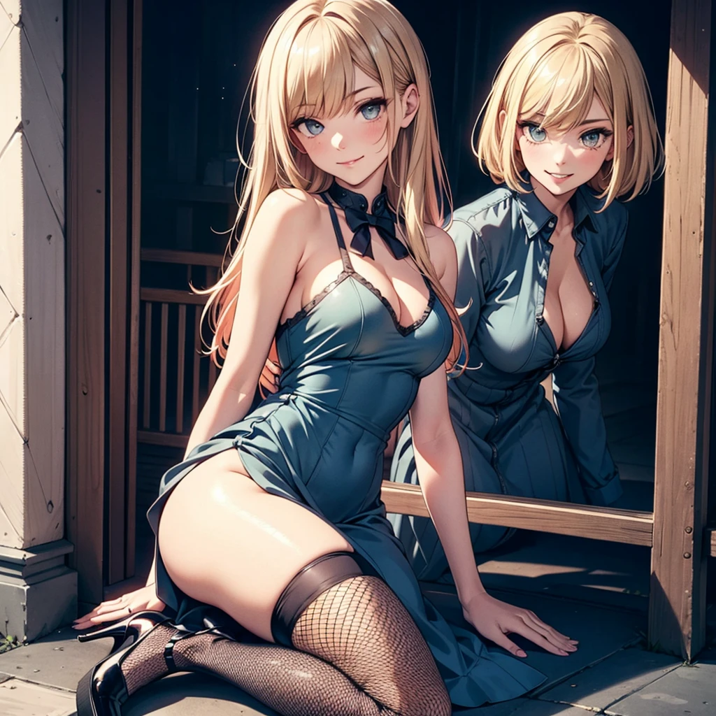 ((masterpiece,best quality)), ((((solo)))) highres, extremely detailed 8K wallpaper, depth_of_field, cowboy shot, solo, 1girl, long hair, (blonde color hair), green eyes, bow, big breasts, wide hips, thights, dirty ally, blue dress, baggy eyes, dark blonde hair, pervert smile, shadows under her eyes, baggy eyes, stars, heels, fishnet tights, prostitute, night, dark, undressing panties, crossed arms,