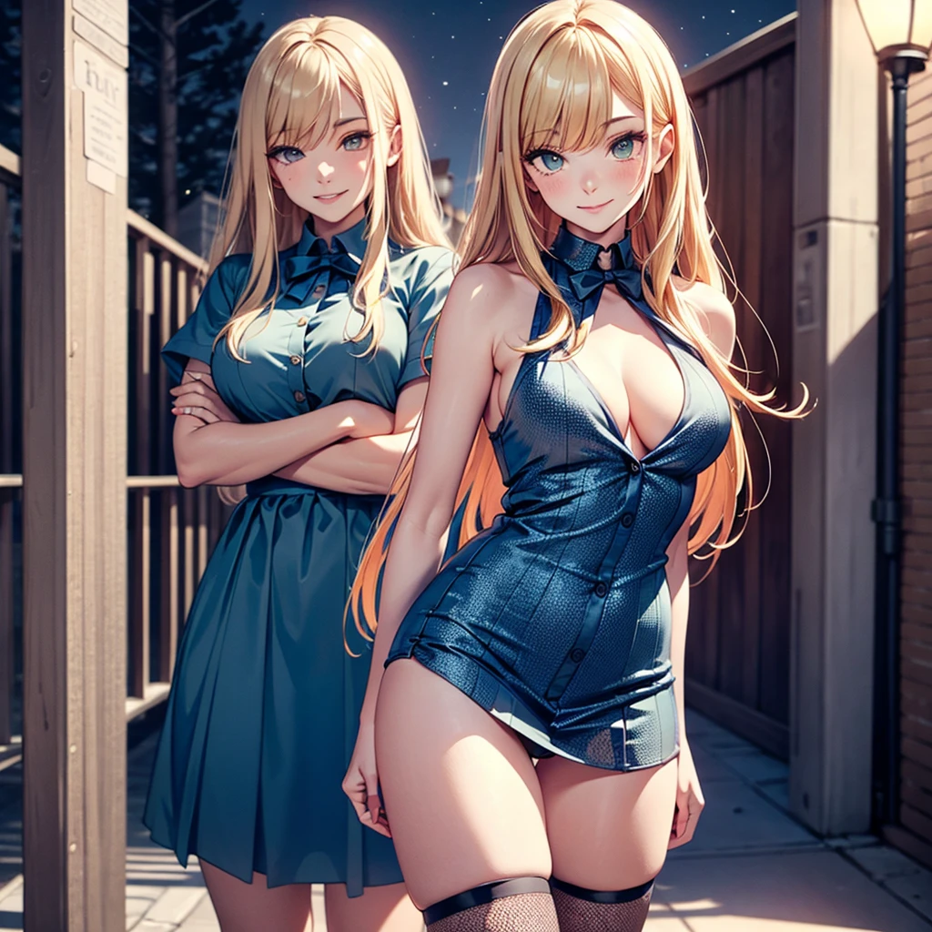 ((masterpiece,best quality)), ((((solo)))) highres, extremely detailed 8K wallpaper, depth_of_field, cowboy shot, solo, 1girl, long hair, (blonde color hair), green eyes, bow, big breasts, wide hips, thights, dirty ally, blue dress, baggy eyes, dark blonde hair, pervert smile, shadows under her eyes, baggy eyes, stars, heels, fishnet tights, prostitute, night, dark, undressing panties, crossed arms,