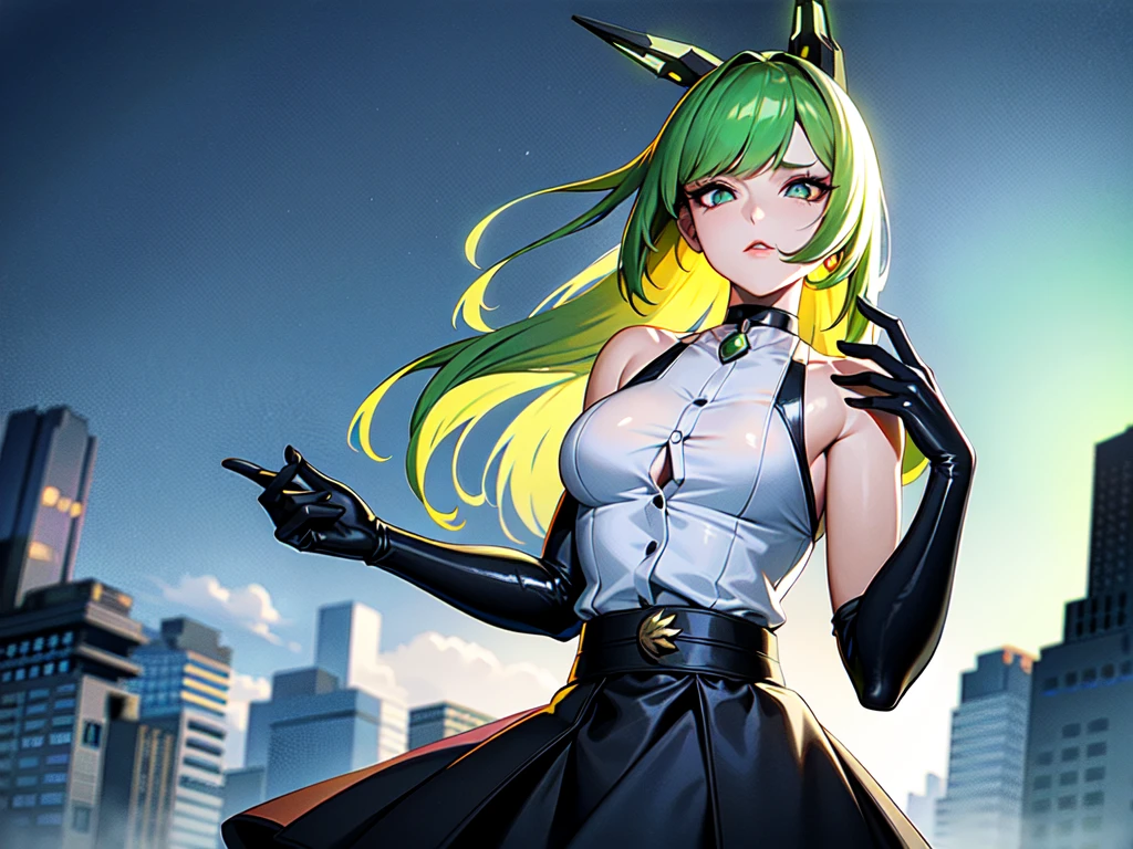 Best Quality, ultra high resolution, 1 dryad, white sleeveless button-down shirt, black skirt, black choker, beautiful, (kpop idol), (Aegyo Sal:1), (platinum green hair:1), ((swollen eyes)), looking at the viewer, whole body, Looking ahead, she was the last survivor of her sunpunk era. The planet was frozen and now the AI must save the world. A sunpunk cyborg-plant female body was created. She is willing to exterminate the end of the ice and return the free energy that is the sun