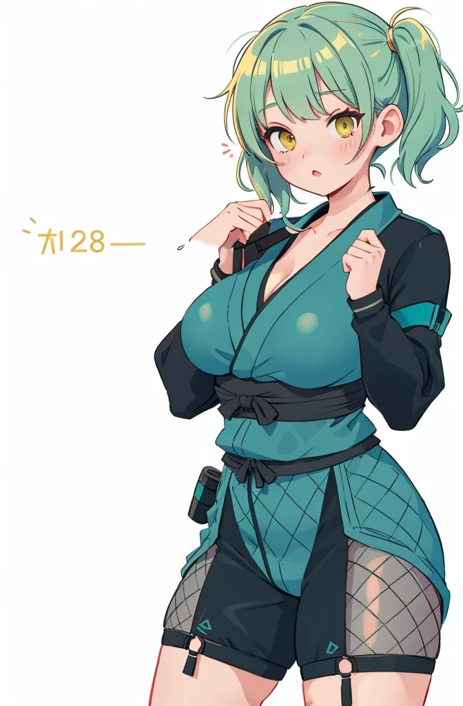 (black and teal Japanese ninja), ninja outfit, stealth getup, fishnet stockings, large breasts