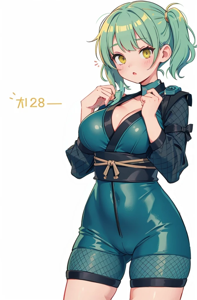 (black and teal Japanese ninja), ninja outfit, stealth getup, fishnet stockings, large breasts