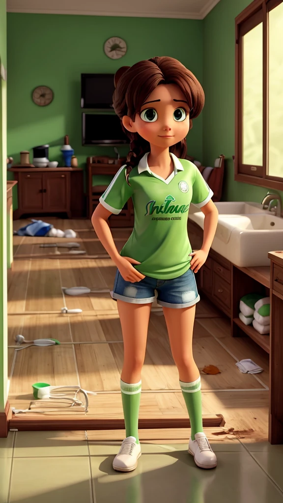 The image shows a person cleaning the floor wearing a Palmeiras shirt. The green and white blouse, with the Brazilian football club crest clearly visible, is being used as a cleaning cloth. The floor looks dirty, and the person is rubbing with effort, showing a focused expression. No fundo, you can see some furniture and a neutral colored wall, indicating that the scene takes place inside a residence. The lighting is soft, highlighting the Palmeiras shirt and the cleaning movement.