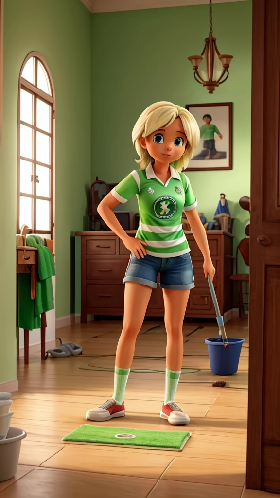 The image shows a person cleaning the floor wearing a Palmeiras shirt. The green and white blouse, with the Brazilian football club crest clearly visible, is being used as a cleaning cloth. The floor looks dirty, and the person is rubbing with effort, showing a focused expression. No fundo, you can see some furniture and a neutral colored wall, indicating that the scene takes place inside a residence. The lighting is soft, highlighting the Palmeiras shirt and the cleaning movement.