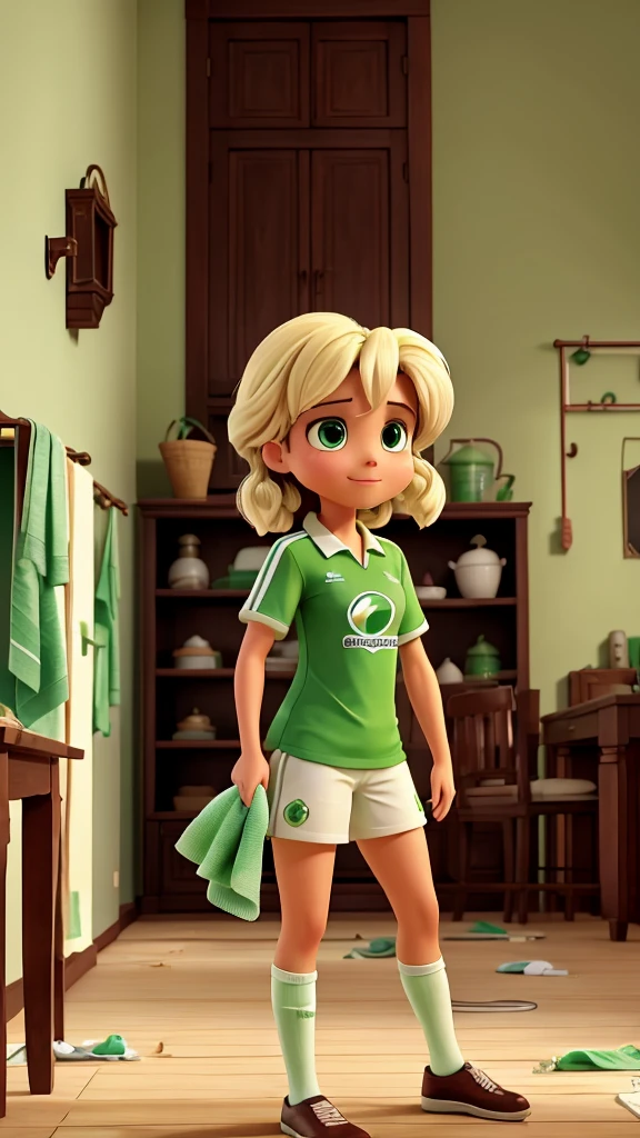 The image shows a person cleaning the floor wearing a Palmeiras shirt. The green and white blouse, with the Brazilian football club crest clearly visible, is being used as a cleaning cloth. The floor looks dirty, and the person is rubbing with effort, showing a focused expression. No fundo, you can see some furniture and a neutral colored wall, indicating that the scene takes place inside a residence. The lighting is soft, highlighting the Palmeiras shirt and the cleaning movement.