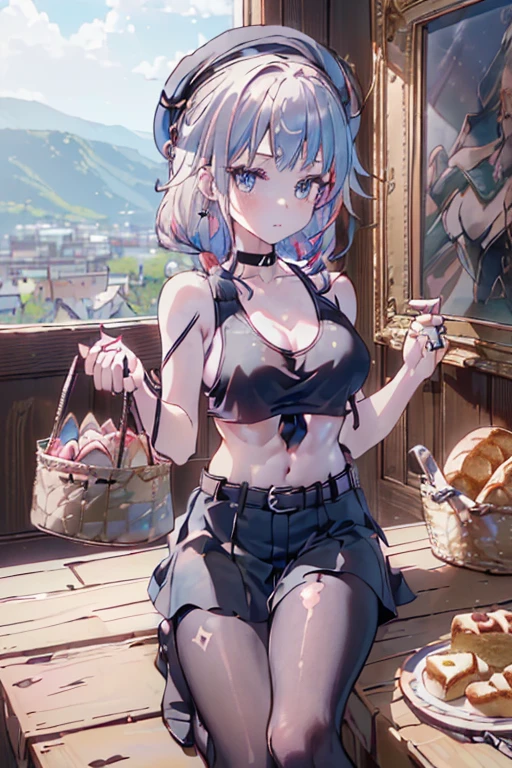 (perky chest:1.2), (pointed chest:1.2),(((Black Tunic:1.3))),(((cakes and bread in the basket),Cute and beautiful girl,masterpiece、highest quality、Very detailed、Beautiful fine details、One Girl、Detailed landscape、Training gym Room Background:1.4、Braided Ponytail、Red camisole、((B cup breasts, Tank top showing underboob:1.3)), black jacket, thigh strap, bangs, necktie, earrings, nail polish, fishnet pantyhose, multicolored hair, looking at viewer, full body, bottle, own hands together, belt, food, animal on head, black necktie, ring, choker, english text paper:1.2, collared shirt, blue eyes, platform boots, hat,lace-up boots ,
