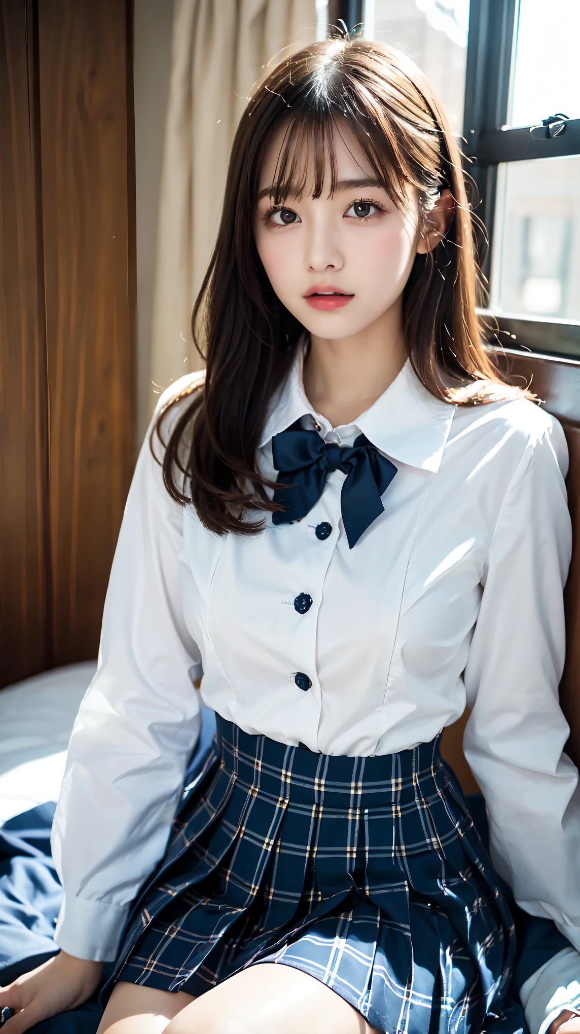 Graduation Ceremony、high school girl、uniform 、Navy jacket、Checkered pleated skirt、White shirt、Bedroom、Lying in bed、Perfect proportions、cute、((18-year-old female:1.ung and adorable Japanese face,Big Breasts, valley, Official Art,Highly detailed CG Unity 8K wallpaper,(masterpiece:1.0),(Highest quality:1.0), High resolution,4K,Very detailed, photo shoot, 8K, nsfw, High resolution, Kodak Portrait 400, Film Grain, Lens flare brilliance, Professional Lighting,Cinematic Light, View your viewers
