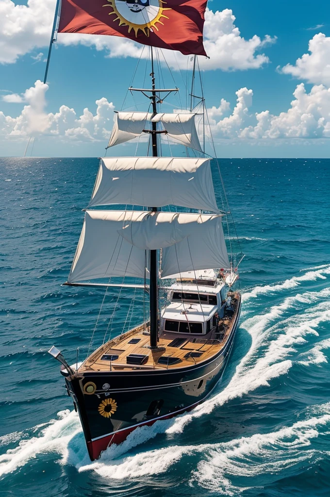 one piece anime boat,big in the sea,white candles,a flag logo with a skull in the shape of a sun and moon mixed together,the bow in the shape of a cat as shiny black as the galaxy,A flag,The wood that complements the boat is black with radiant shine like the sun,has a rudder, mast to watch,with a decoration of a liana that shines from the edges of the boat that combines very well and everything fits perfectly with every anime