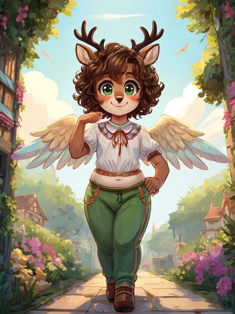 Cute, deer boy, small deer antlers, innocent, chubby
, big thighs, androgynous, femboy, short curly hair, brown hair, fawn spots, freakles, ((cute)), smiling, walking in a big bustling city, wearing cottage core outfit, cottage core gender neutral outfit, cute clothes, modest clothes, adorable, pastel color scheme, light blue green yellow white and brown color scheme, young, cartoony, adorable, deer tail, moss green eyes, angel wings,