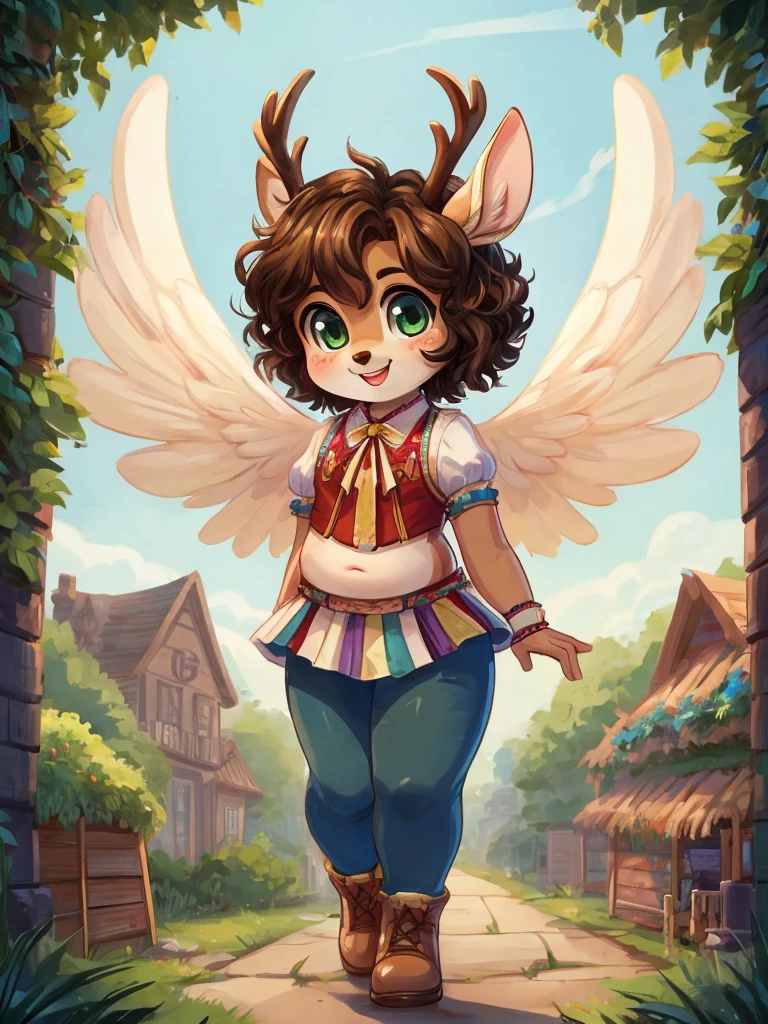 Cute, deer boy, small deer antlers, innocent, chubby
, big thighs, androgynous, femboy, short curly hair, brown hair, fawn spots, freakles, ((cute)), smiling, walking in a big bustling city, wearing cottage core outfit, cottage core gender neutral outfit, cute clothes, modest clothes, adorable, pastel color scheme, light blue green yellow white and brown color scheme, young, cartoony, adorable, deer tail, moss green eyes, angel wings,