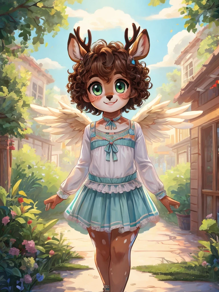 Cute, deer boy, small deer antlers, innocent, chubby
, big thighs, androgynous, femboy, short curly hair, brown hair, fawn spots, freakles, ((cute)), smiling, walking in a big bustling city, wearing cottage core outfit, cottage core gender neutral outfit, cute clothes, modest clothes, adorable, pastel color scheme, light blue green yellow white and brown color scheme, young, cartoony, adorable, deer tail, moss green eyes, angel wings, 