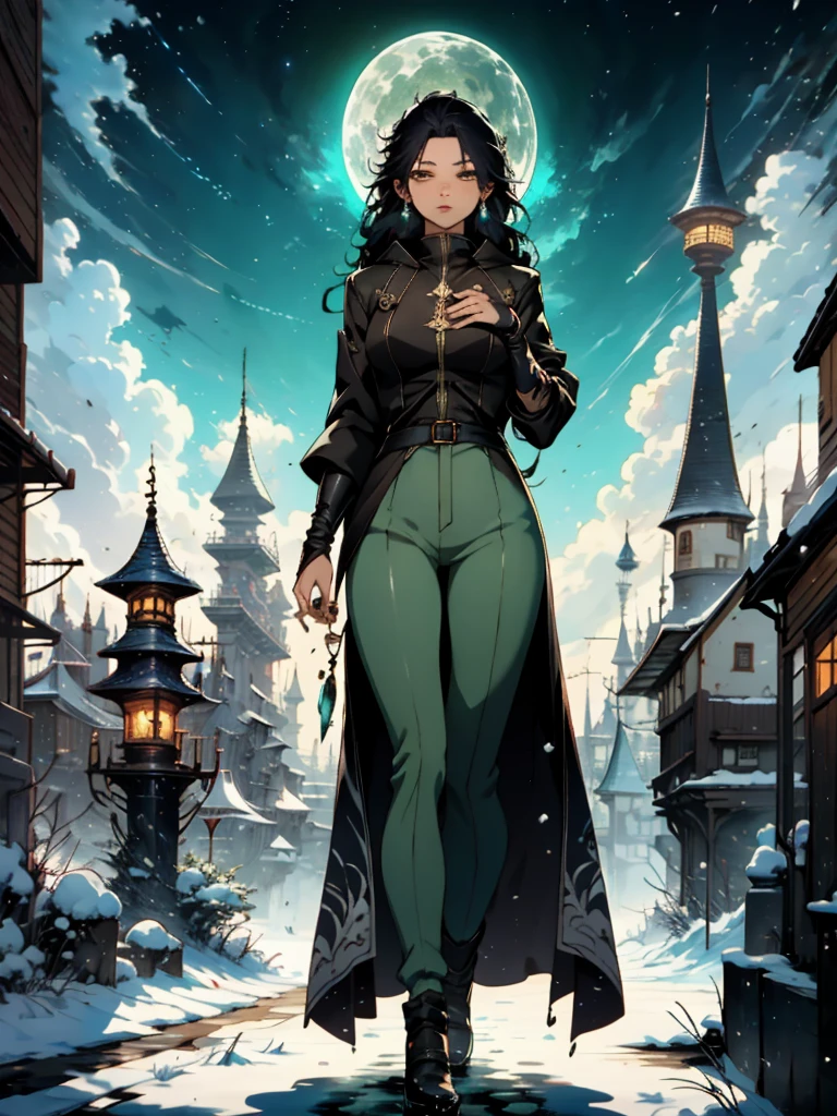 a woman in a black coat and green pants standing in the snow, detailed anime character art, Astri Lohne by Yang J., black-furred mage, A very beautiful female Berserker, genshin impact keqing, from Arknights, Exquisite character art and epic., trending on artstation pixiv, Winter concept art, amazing character art, female anime character, green skin tone, elongated ears like elf.
