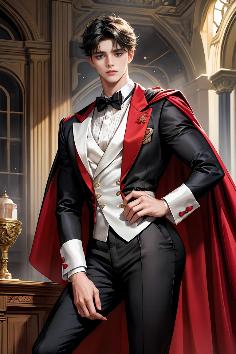 masterpiece, 最high quality, high quality, 1 boy, alone, Male focus, Watching the audience, Messy black hair, Adorable big blue eyes, White people, Noble, Noble,Sexy voluminous black and red cape、Tuxedo、A very voluminous, large, very large, very large, long, long red and black cape with a high stand-up collar, made of a lot of fabric that reaches down to the floor., ,Cute beautiful boys,Cute, cute, kind, handsome guy