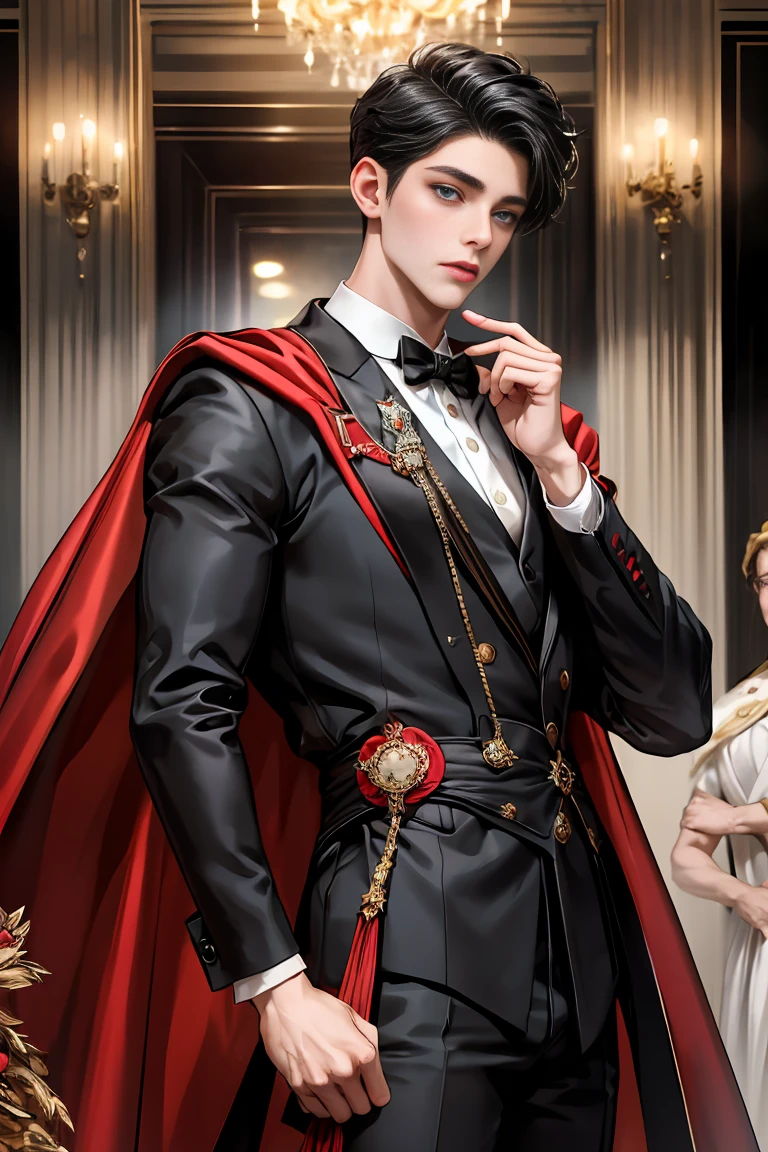 masterpiece, 最high quality, high quality, 1 boy, alone, Male focus, Watching the audience, Messy black hair, Adorable big blue eyes, White people, Noble, Noble,Sexy voluminous black and red cape、Tuxedo、A very voluminous, large, very large, very large, long, long red and black cape with a high stand-up collar, made of a lot of fabric that reaches down to the floor., 17 years old,Cute beautiful boys,Cute, cute, kind, handsome guy