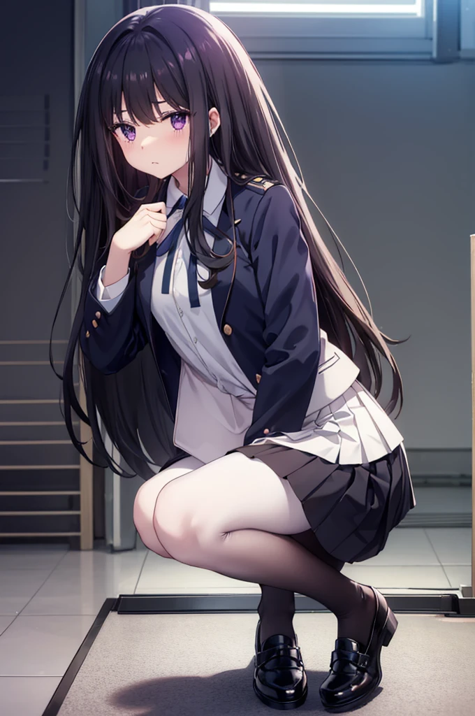 、black髪、Semi-long hair、Pale purple eyes、Head to toe full body、Blushing、Embarrassed look、Composition from the front、A view from slightly below、Sit facing forward、No shoe-shaped legs、squat、Spread your legs in an M shape、Grab my leg、、、blazer、White blouse、Navy blue ribbon、Short pleated skirt、White panties、black pantyhose、(black_pantyhose):1.2)、White panties are visible、bedroom、Inside the room、Daytime、Panty shot、Staring at the audience、Thin legs、Thin thighs、Slim toe