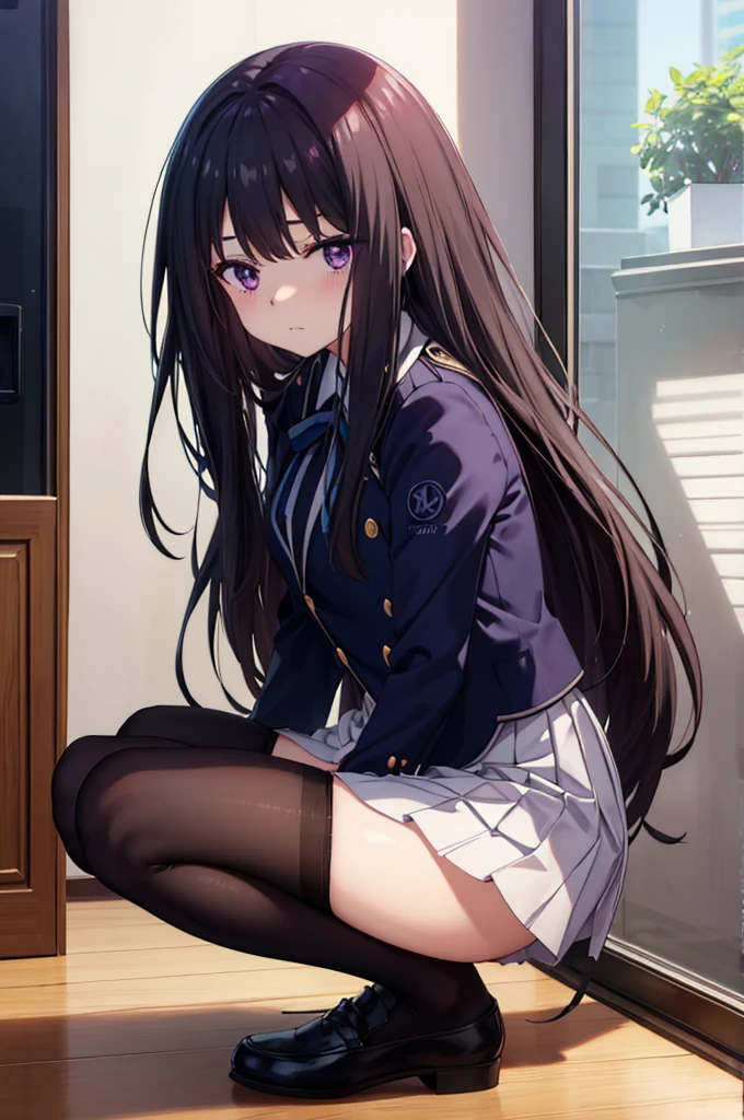 、black髪、Semi-long hair、Pale purple eyes、Head to toe full body、Blushing、Embarrassed look、Composition from the front、A view from slightly below、Sit facing forward、No shoe-shaped legs、squat、Spread your legs in an M shape、Grab my leg、、、blazer、White blouse、Navy blue ribbon、Short pleated skirt、White panties、black pantyhose、(black_pantyhose):1.2)、White panties are visible、bedroom、Inside the room、Daytime、Panty shot、Staring at the audience、Thin legs、Thin thighs、Slim toe