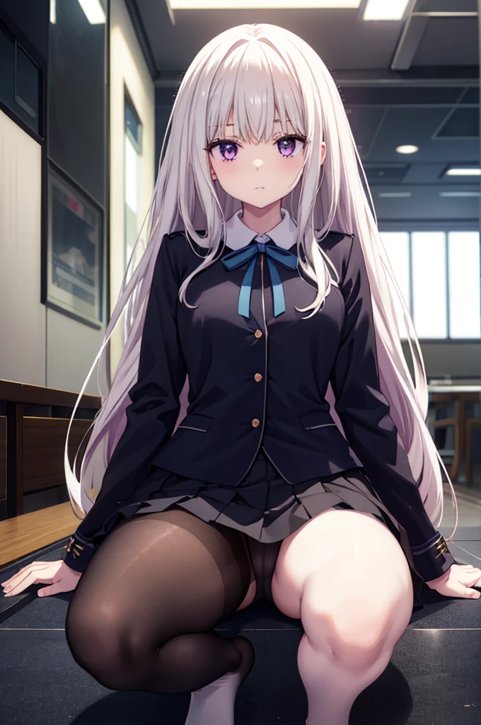 、black髪、Semi-long hair、Pale purple eyes、Head to toe full body、Blushing、Embarrassed look、Composition from the front、A view from slightly below、Sit facing forward、No shoe-shaped legs、squat、Spread your legs in an M shape、Grab my leg、、、blazer、White blouse、Navy blue ribbon、Short pleated skirt、White panties、black pantyhose、(black_pantyhose):1.2)、White panties are visible、bedroom、Inside the room、Daytime、Panty shot、Staring at the audience、Thin legs、Thin thighs、Slim toe