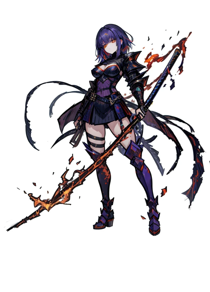 1girl,  blue-purple hair, orange eyes, exposed torso, fire knight, legendary weapon ,beautiful clothes,(masterpiece, best quality), calm, aura of fire, fire katana