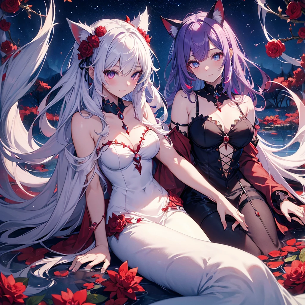 mystic,Magical Forest Girl-Mermaid Thorny Black Plants with Thorns and Strange Red Flowers,Very long shiny opal hair, magical glowing eyes, a light smile, With cruel sharp spikes,In the middle of a coniferous night against the background of a cosmic sky with many bright and shiny stars and planets, White Hair Purple Eyes White Dress White Hair Purple,eyeliner,RubyAccessories,circus,It lasts,Utopia fantasy,pixiv,red eyes pool blue eyes,heterofobia,scarlet hair,black dress,wide,golden details,Red eyeliner,head accessory,Utopia fantasy,pixiv,trend on Artstation, steampunk, cat ears