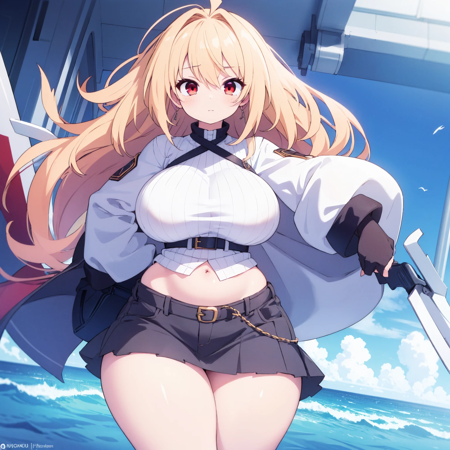 (((High quality))), 1girl, solo, blond hair, messy hair, bangs, red eyes, large breasts, wide hips, tall, thick thighs, white blouse, gray skirt
