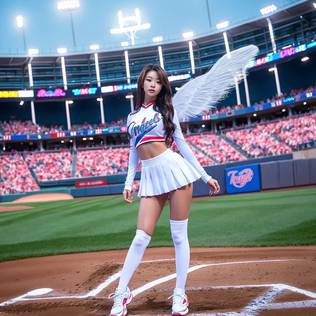 A Korean woman in a cheerleader outfit standing in front of a baseball field, Tron Angel, Angel themed, TWICE&#39;s Tzuyu, wide angel shot, As seen in ArtGerm, Ilya Kuvshinov and Artgerm, Young One Angel, Beautiful angle, 8k art germany bokeh, Wearing an angel halo, Lovely lady