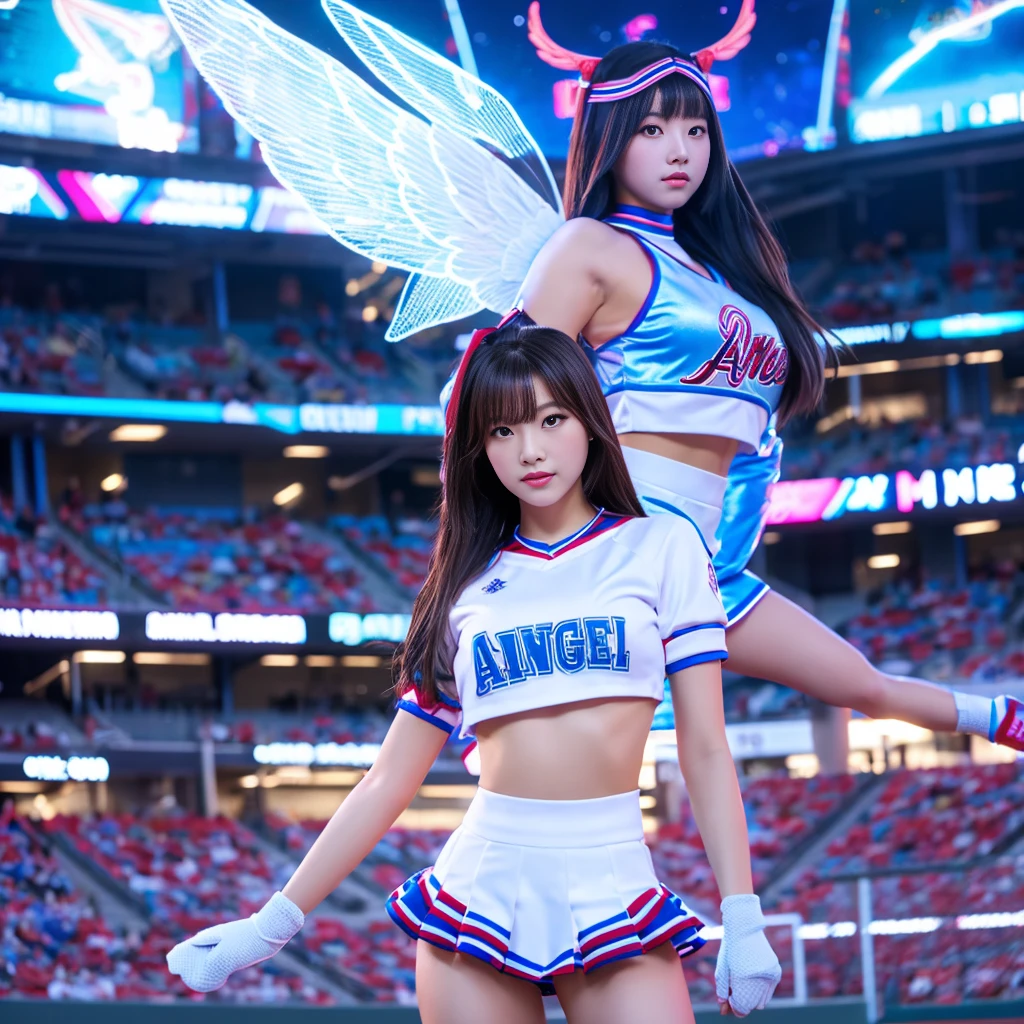 A Korean woman in a cheerleader outfit standing in front of a baseball field, Tron Angel, Angel themed, TWICE&#39;s Tzuyu, wide angel shot, As seen in ArtGerm, Ilya Kuvshinov and Artgerm, Young One Angel, Beautiful angle, 8k art germany bokeh, Wearing an angel halo, Lovely lady