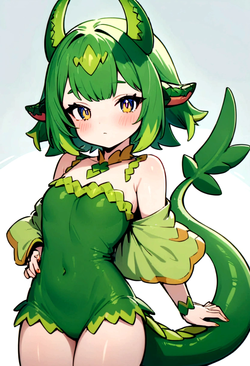 dinosaur girl, dinosaur chan, girl green hair with horns and tail, blushed, Super cute, dinosaur chan, dinosaur-looking girl, half human half dinosaur girl