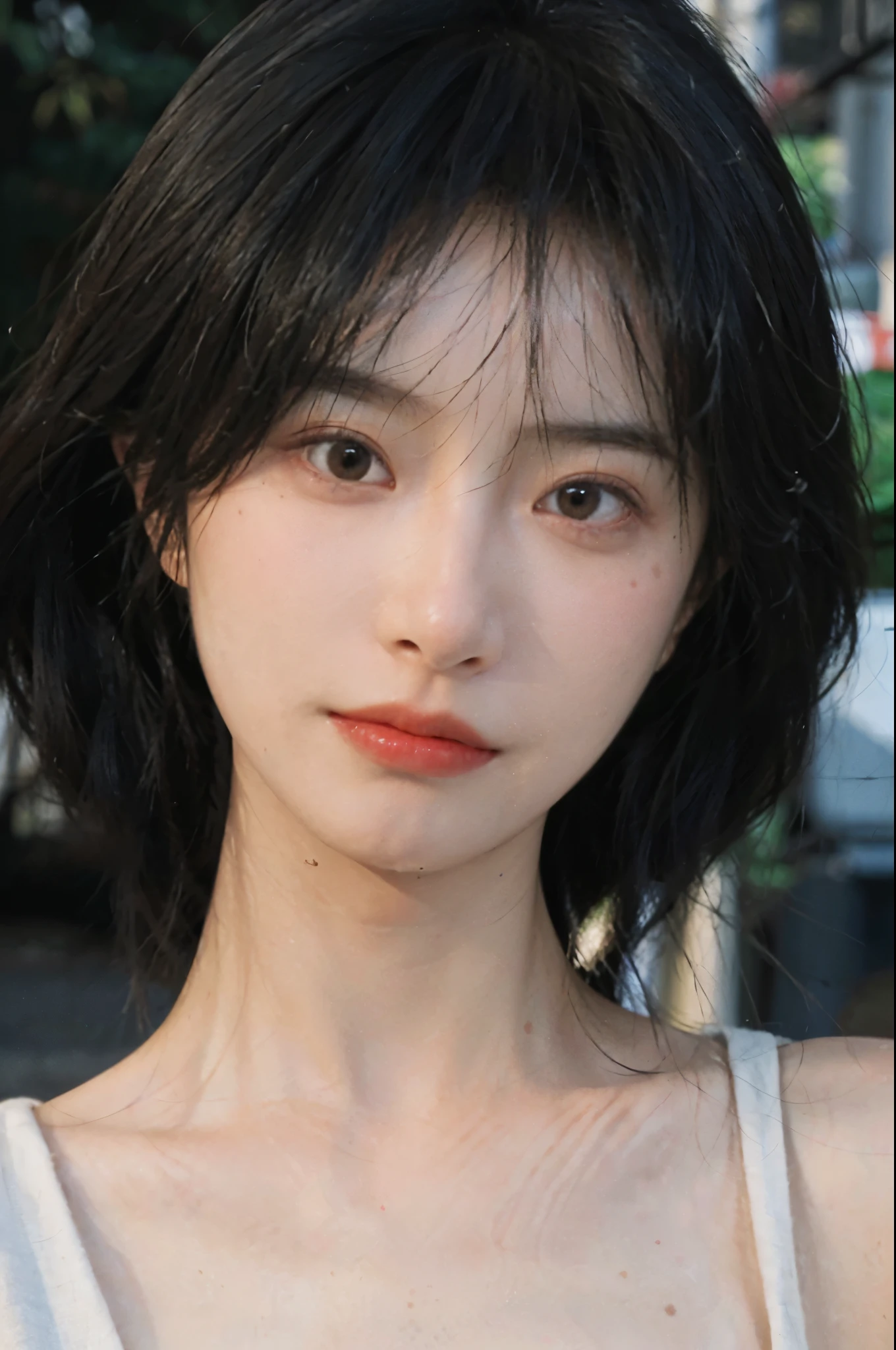 (Skin details:1.4), (smooth skin textures:1.3), Lipstick, background, earrings, Serene, calm, (Realistic and detailed eyes：1.2）, (Large Breasts:1.3),Natural skin texture, Realistic facial details, Soft dramatic lighting, Vivid details, 35 mm film, outdoor, (Photo Practical:1.4), (hyper Practical:1.4), (Practical:1.3), (Smoother lighting:1.05), (Improve lighting quality:0.9), (Highest quality real skin textures:1.4), Exquisite eyes, Delicate face, Close-up of face, (Enhance the beauty of skin texture:1.1), Hair details,  Model，normal body ratio, short hair, Moles under the eyes, Park background，Portrait Photography, Depth of Field, bokeh, Surrealism, Ray Tracing, (Portrait Photography:1.1), Surrealism, High Detail, clair obscur, Ray Tracing, reflected light, ultra HD, ultra HD, masterpiece, Textured Skin, Super Detail, High Detail, high quality, best quality