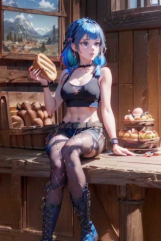 (perky chest:1.2), (pointed chest:1.2),(((Black Tunic:1.3))),(((cakes and bread in the basket),Cute and beautiful girl,masterpiece、highest quality、Very detailed、Beautiful fine details、One Girl、Detailed landscape、Training gym Room Background:1.4、Braided Ponytail、Red camisole、((B cup breasts, Tank top showing underboob:1.3)), black jacket, thigh strap, bangs, necktie, earrings, nail polish, fishnet pantyhose, multicolored hair, looking at viewer, full body, bottle, own hands together, belt, food, animal on head, black necktie, ring, choker, english text paper:1.2, collared shirt, blue eyes, platform boots, hat,lace-up boots ,