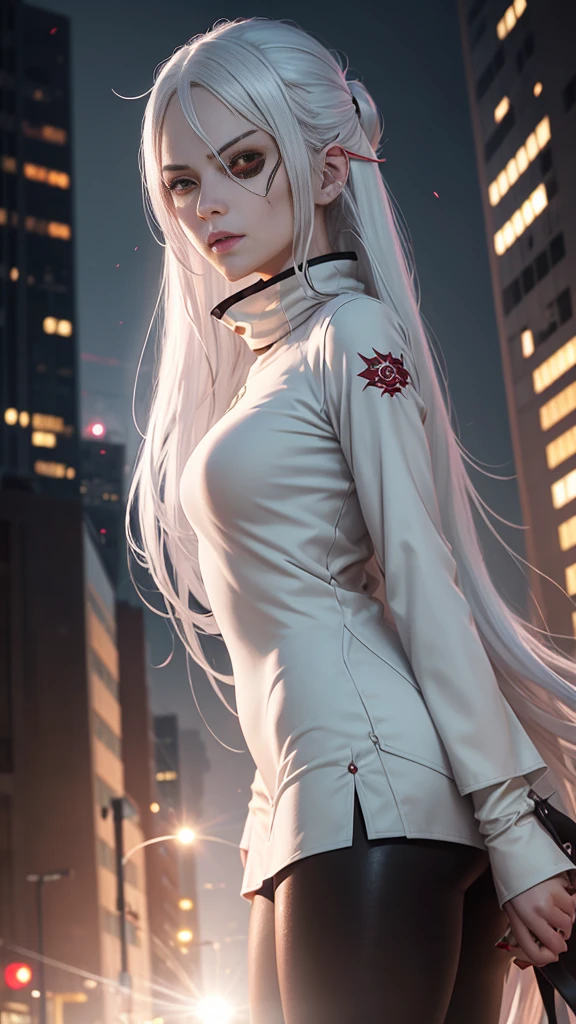 1girl, (solo), anime girl with long white hair and red eyes, girl with white hair, girl in white turtleneck, ((eyepatch)), pointed ears, ((vampire)), smirk, smug, closed mouth, cowboy shot, perfect white haired girl, white haired deity, digital cyberpunk anime art, turtleneck, lens flare, ((dramatic lighting)), soft glowing red eyes, extremely detailed, masterpiece, looking at viewer, city in background, (night)