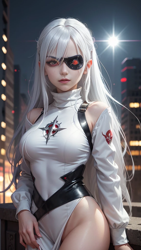 1girl, (solo), anime girl with long white hair and red eyes, girl with white hair, girl in white turtleneck, ((eyepatch)), pointed ears, ((vampire)), smirk, smug, closed mouth, cowboy shot, perfect white haired girl, white haired deity, digital cyberpunk anime art, turtleneck, lens flare, ((dramatic lighting)), soft glowing red eyes, extremely detailed, masterpiece, looking at viewer, city in background, (night)