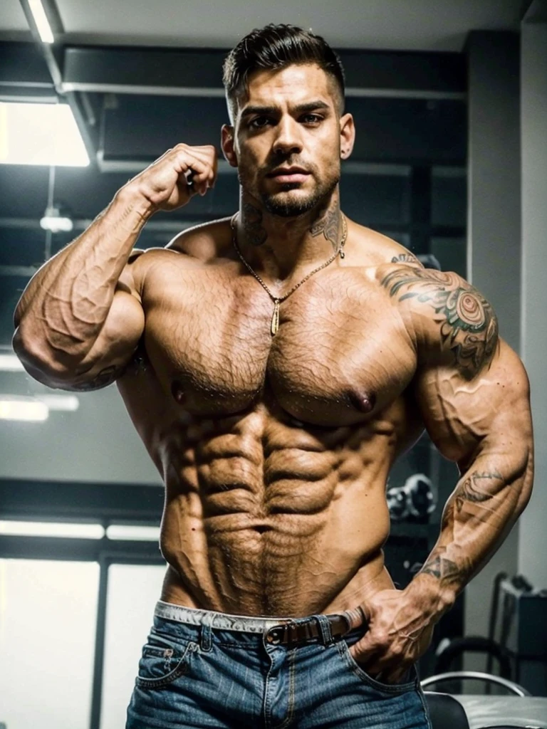 a muscular young man with a chiseled jawline, intense gaze and detailed tattoos, shirtless showing his pale skin, broad shoulders, veiny pumped arms, and six-pack abs, 26 years old, European, wearing pants (best quality,4k,8k,highres,masterpiece:1.2),ultra-detailed,(realistic,photorealistic,photo-realistic:1.37),portrait,hyperrealistic,dramatic lighting,dynamic pose,vivid colors,intricate details, looking you loving in the eyes