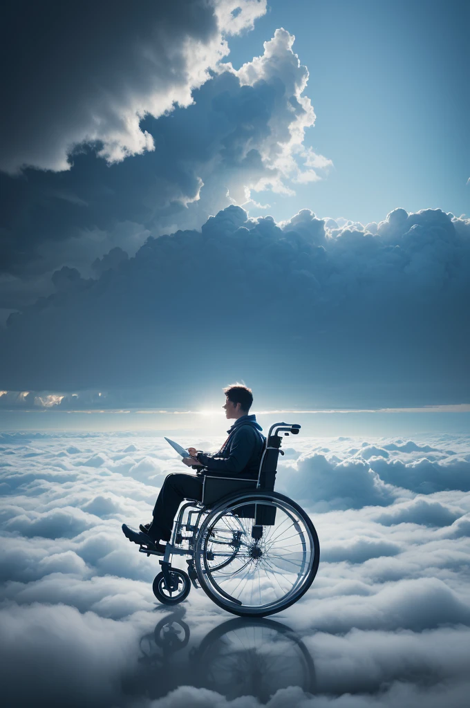 Man in wheelchairs flying among the clouds ((8 k quality, high definition image, realisitic, 真实感, ultra detaild, hyper details, bright look, mystical illumination))