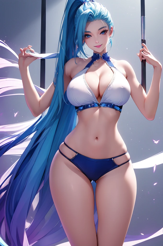 (best quality: 1.2), clean face, (masterpiece: 1.2, 8k) perfect anatomy, 1girl,a beautiful fashion model ,(masterpiece, official art, best quality ,long and shiny hair, blue hair with streaks in hair, long hair, full lips, slender body, slim body big breasts, looking at viewer, revealing outfit, absurdity, intricate details, dynamic pose, club, , wearing short shorts and a tight white top, cleavage, torn clothes, thong straps,  ponytail, coquettish expression, smile