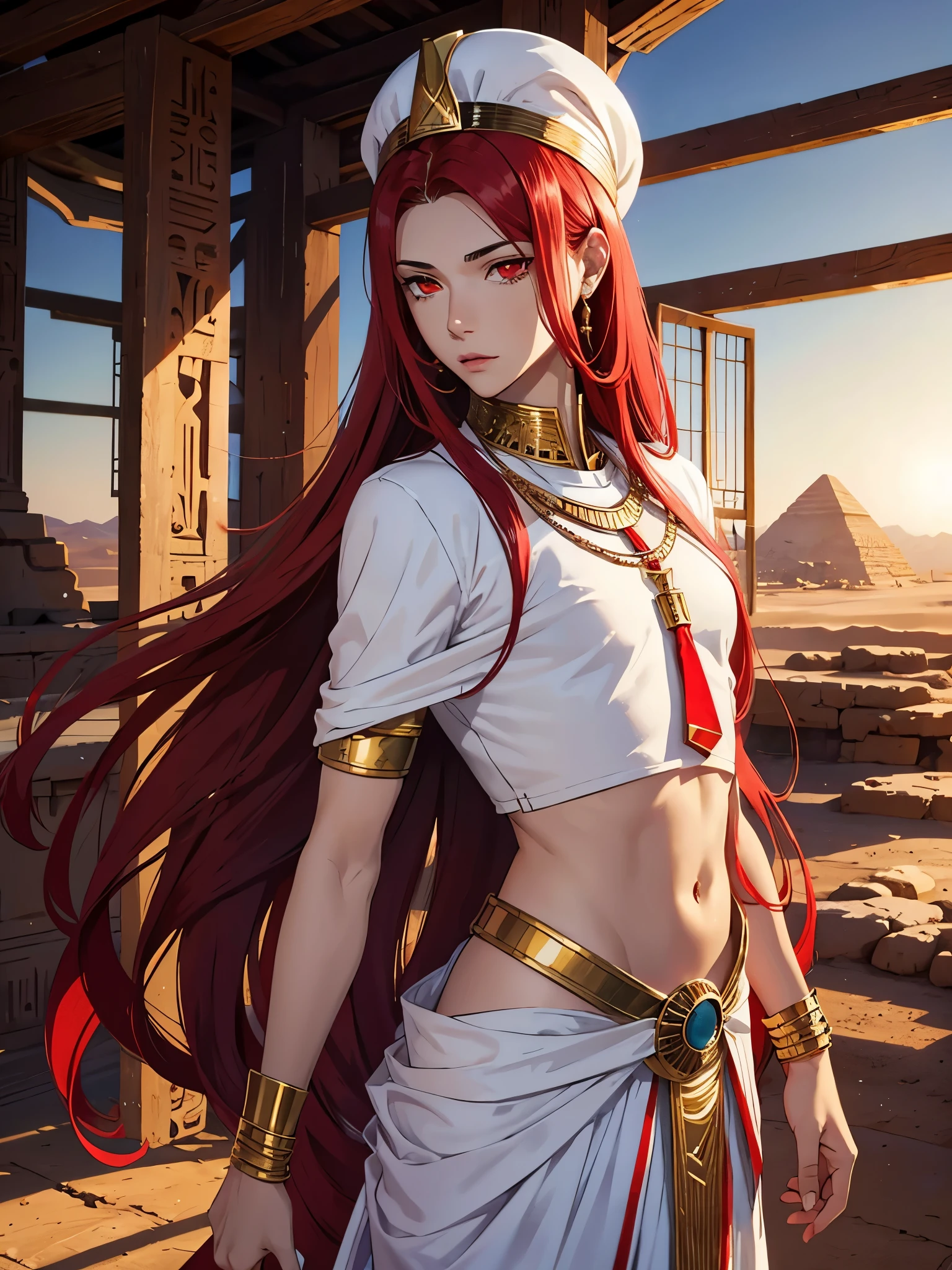 Egyptian deity Seth. long red hair, Mesh clothing. silver jewelry. Lots of jewelry. light skin. Desert. blue eyes. Rotes Make Up. boy. erotic. Sand. Kleiner boy.