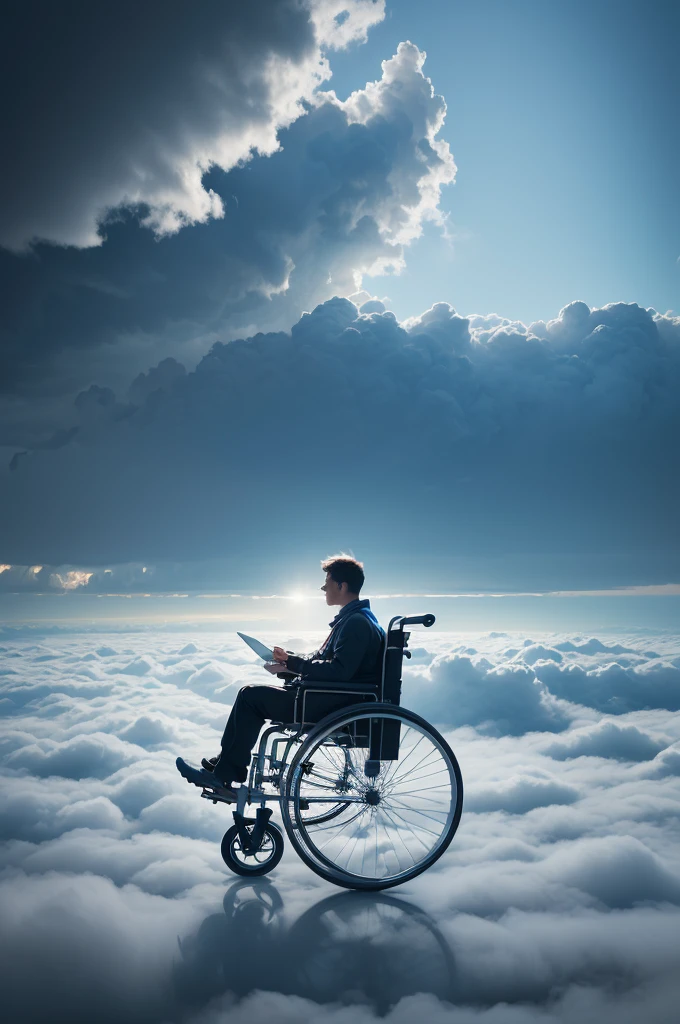 Man in wheelchairs flying among the clouds ((8 k quality, high definition image, realisitic,  真实感, ultra detaild, hyper details, bright look, mystical illumination))