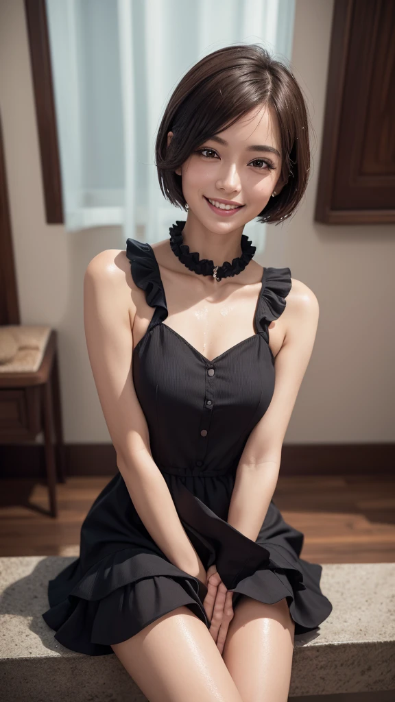 8K, Very detailed, Highest quality, Textured skin, Anatomically correct, masterpiece , Highest quality, Cinema Lighting, Use perspective throughout , Surrealism , ,(Realistic:1. 3),(RAW Photos) , Black Hair, light smile, short hair, Bobcut, Anaglyph, Stereogram, (Mature Woman:1),38 years old), ((close:0.5)), Glare, double eyelid, Lip gloss, (smile:1), ((close your eyes:0.85)), Red Mouth, clavicle, ((View Audience)), (short hair of reddish-brown color wet and shiny,), (The whole body is visible) , Slightly thick body type , With eyes wide open , Perfect round eyes , Fine texture ,(Inside a luxury boutique:1.5)、(Wearing a formal blue dress:1.5)、(Frilled collar dress:1.5)、(Knee-length skirt:1.5)、(smile:1.3)、(Observe the audience:1.2)、(Full body photo:1.5)